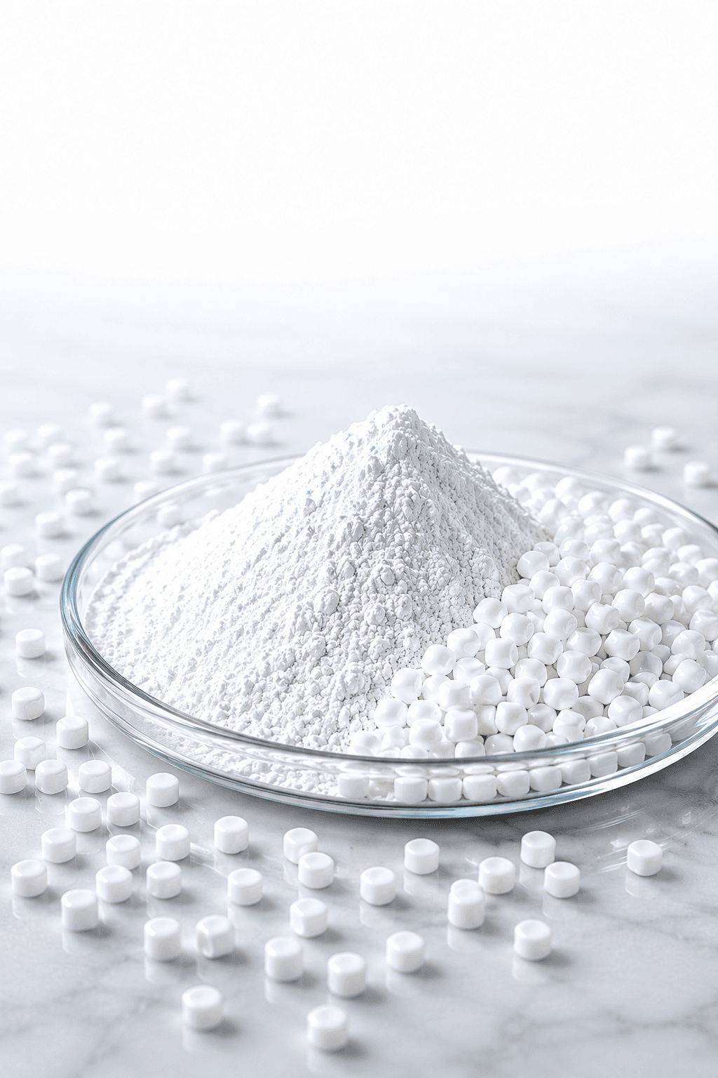 White powder and polymer pellets for flame-retardant plastics