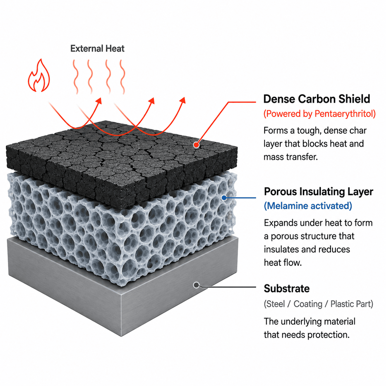 IFR synergy diagram showing dense carbon shield, porous insulating layer, and substrate